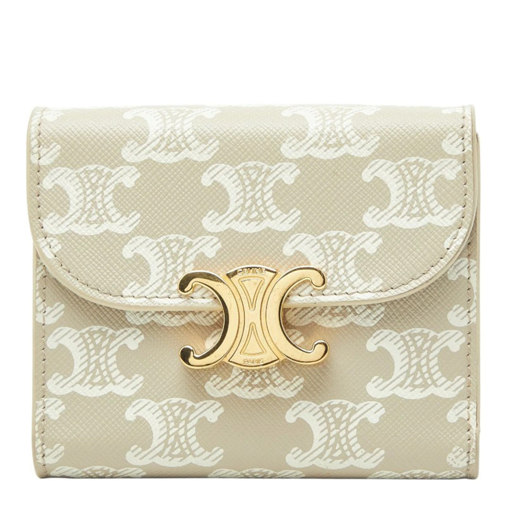 Celine Triomphe Flap Wallet Tri fold Beige Cream Ivory White Leather
